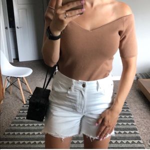 Off the shoulder tan brown top shirt knitted thick